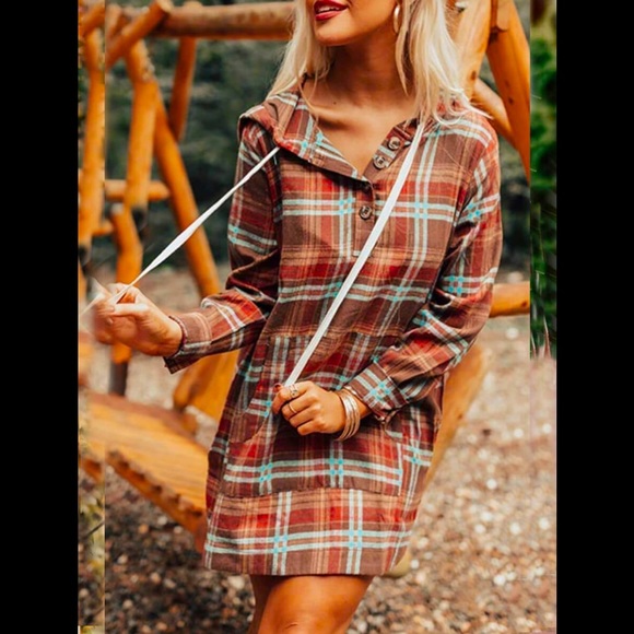 Hooded Flannel Plaid Loose V-Neck Few Buttons 🦘Pocket Drawstring Pullover Shirt - Picture 2 of 12